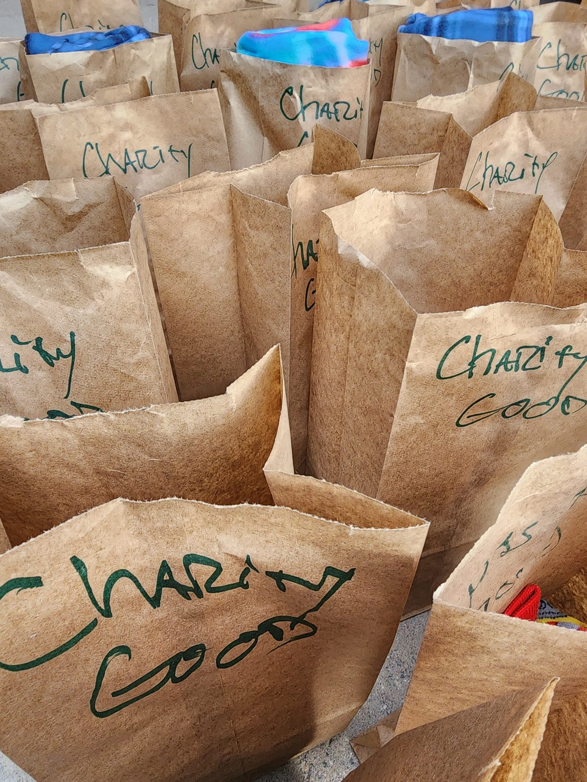 Care packages, each one packed and labelled by hand.
