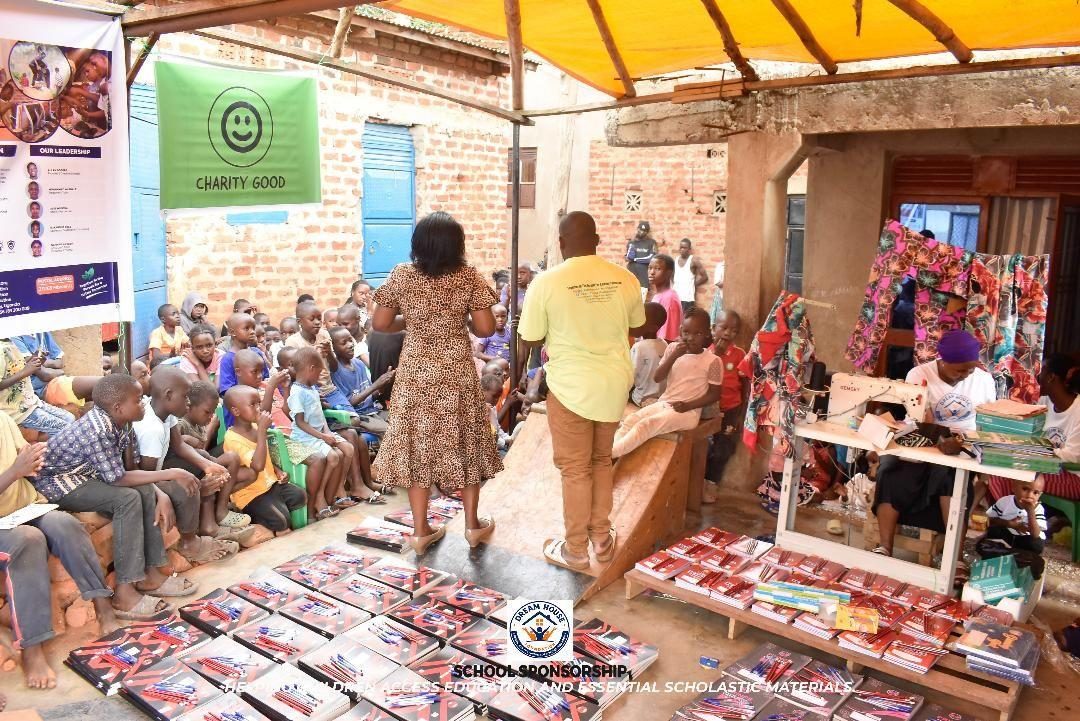 The 2026 school sponsorship handout at the Dream House Foundation Centre in Uganda.