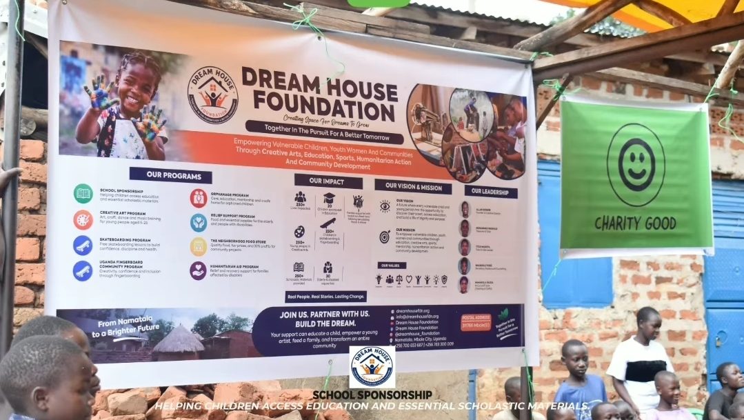 The Dream House Foundation and Charity Good banners side by side at the 2026 school sponsorship handout.